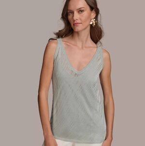 Donna Karan Women's XL Crystal Glitters Detail Pointelle Sweater Tank Frost Blue